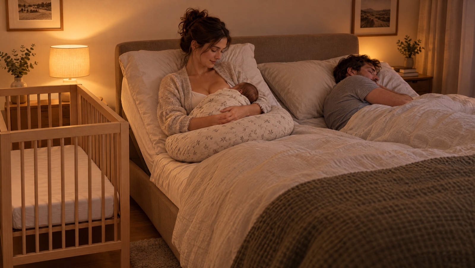 Illustratie: moeder geeft 's nachts de borst, zittend in bed met haar kant omhoog