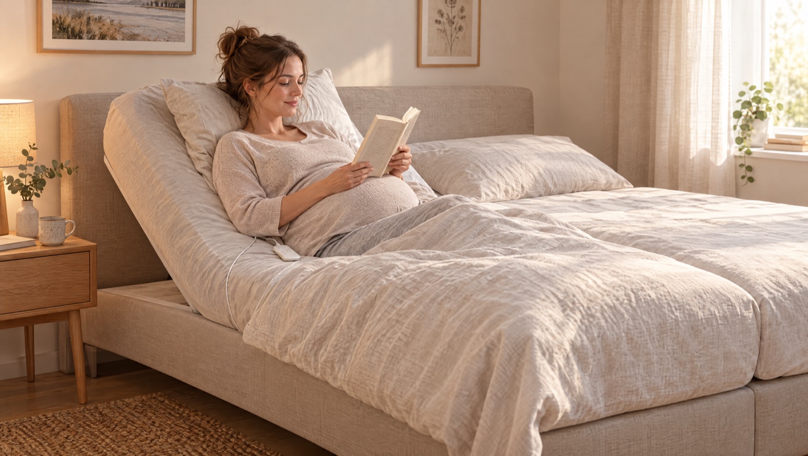 Illustratie: zwangere vrouw leest in bed, haar kant van de matras staat omhoog